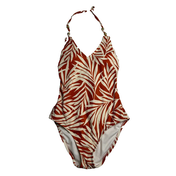 Shade & Shore Women's Burnt Orange Tropical One Piece‎ Swimsuit Small Leaf Print - Picture 1 of 7
